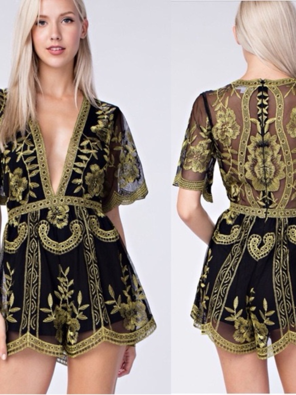 Honey Punch Black Mesh Romper with Gold Embroidery